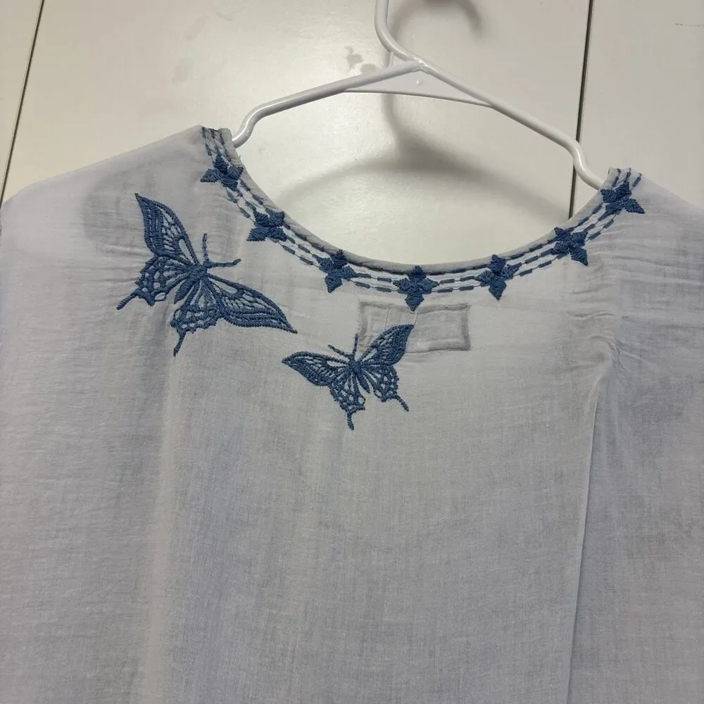 Johnny Was Workshop Lulu Top 3X Puff Sleeve Floral Embroidered Peasant Butterfly